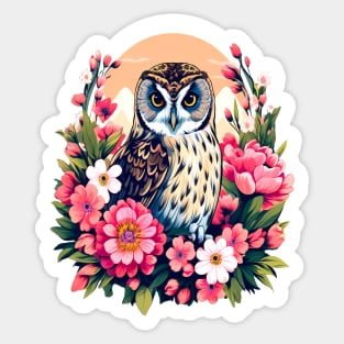 A Cute Short Eared Owl Surrounded by Bold Vibrant Spring Flowers Sticker